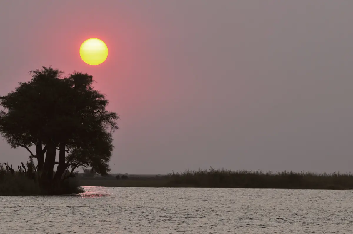 Sunset over the Caprivi bank of the Chobe River in Namibia